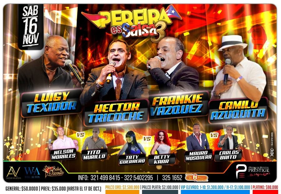 Afiche oficial Pereira es Salsa 3 - Luigy Texidor, Hector Tricoche, Frankie Vazquez, Camilo Azuquita, 16 de noviembre 2019